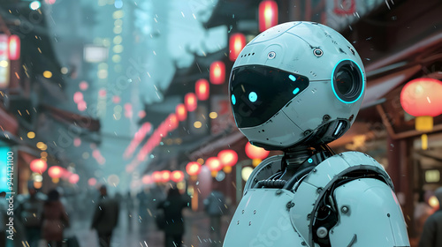 A Robot Walks Through a Snowy City with Red Lanterns