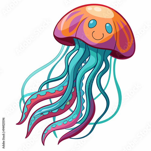 Cartoon illustration of a smiling jellyfish with colorful tentacles