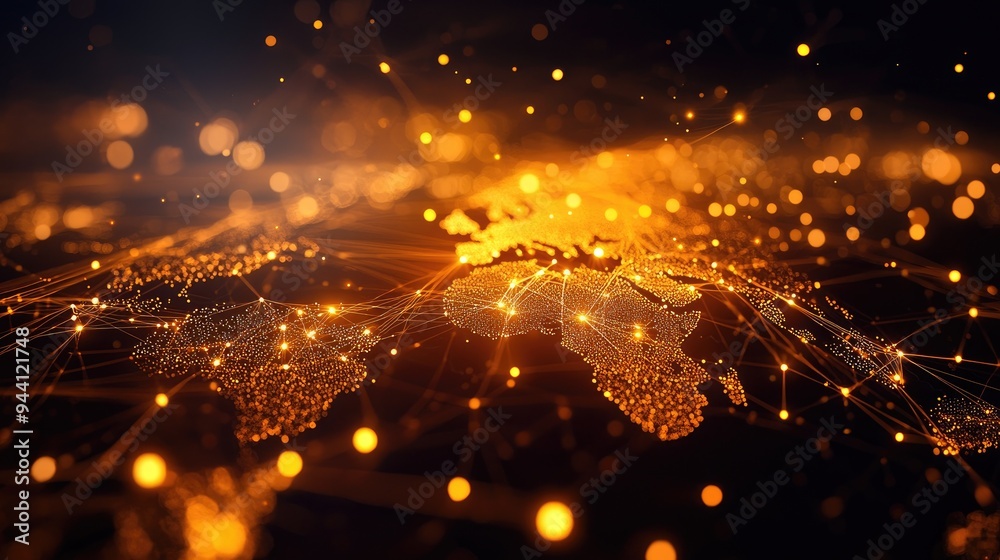 Fototapeta premium A stunning visualization of a glowing world map, illuminated by interconnected lines and dynamic networks of light.