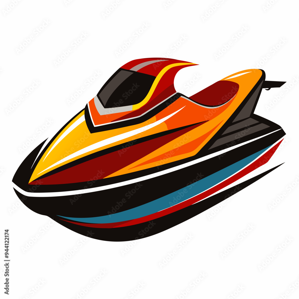 Naklejka premium A speeding red and yellow jet ski with black, white and blue accents.