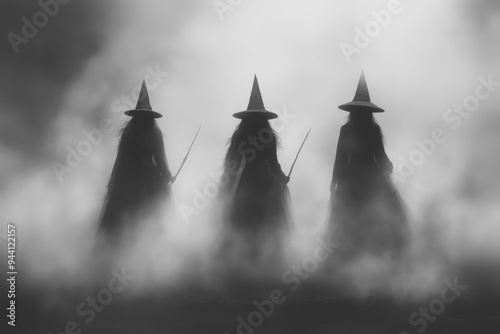 Vintage-style black and white photo of three witches in a traditional black dress ant hat, standing in a foggy forest on Halloween photo