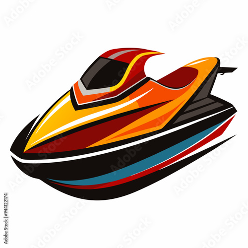 A  speeding red and yellow jet ski with black, white and blue accents.