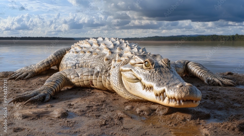 Naklejka premium crocodile basking in the sun on the banks of a river