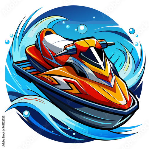 Red and Yellow Jet Ski Cutting Through Blue Waves
