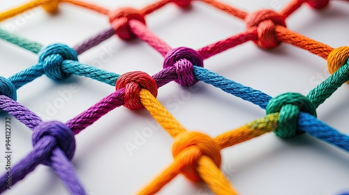 Colorful ropes are tightly knotted together, creating a visually striking geometric pattern on a clean background. photo