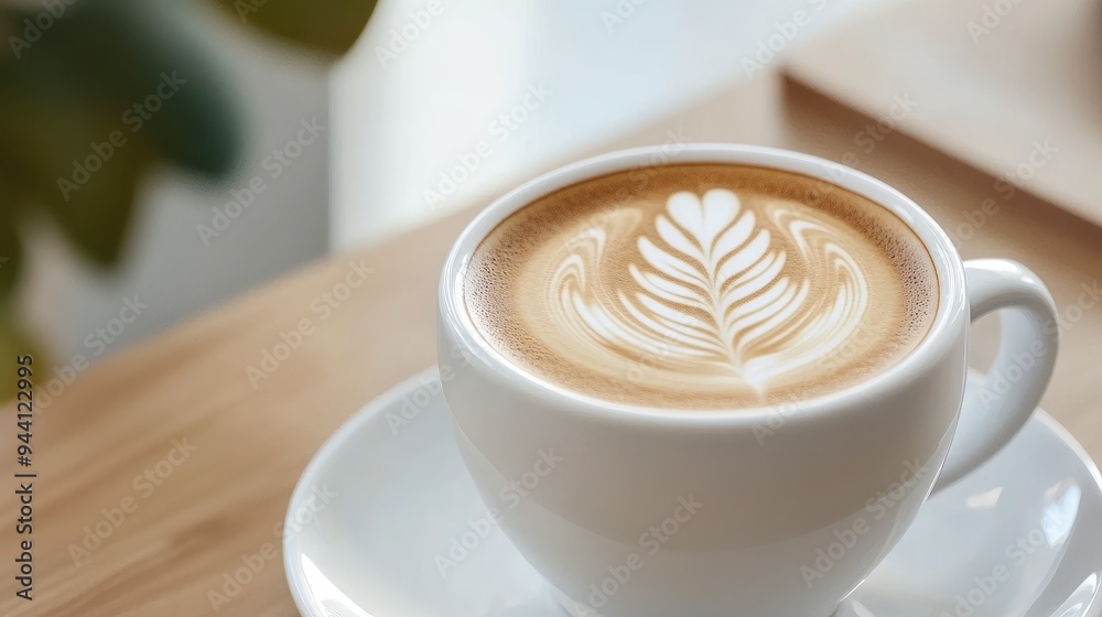 Artisan coffee with latte art served in a stylish cup on a saucer Artisan coffee with latte art served in a stylish cup on a saucer