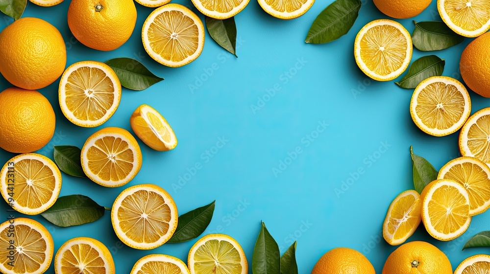 Fresh oranges and sliced lemons arranged on a vibrant blue background, perfect for showcasing natural fruit beauty.