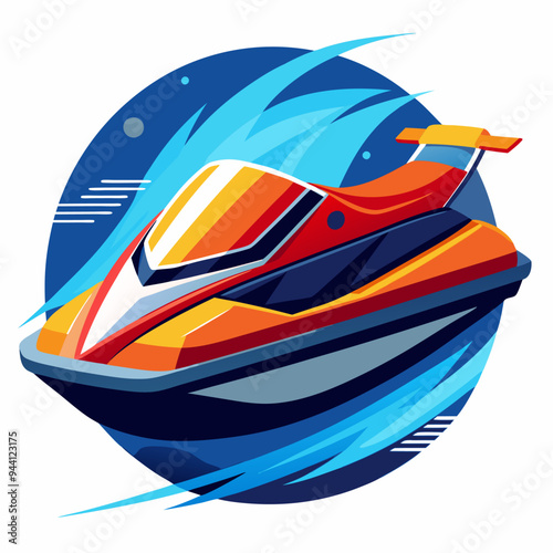 A red and orange jet ski speeding through blue water