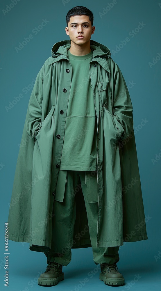 Man Wearing Green Long Overcoat with Hood Man Wearing Green Long Overcoat with Hood