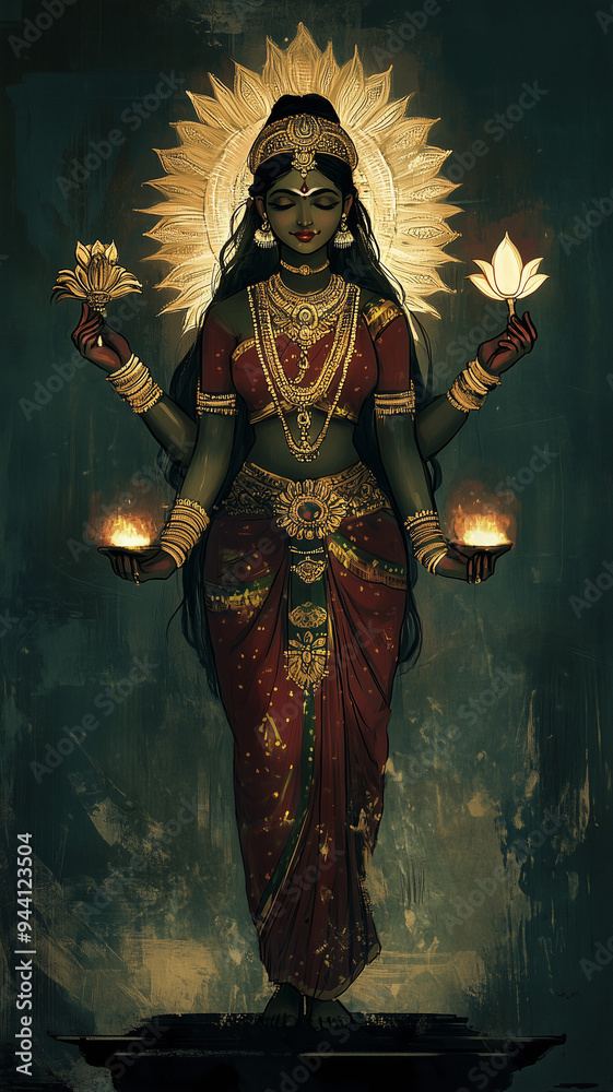 Fototapeta premium Goddess Lakshmi, cartoon style illustration. Hindu Goddess of wealth, good fortune, happiness, youth and beauty. Wife of Vishnu. Goddess of Prosperity. Background for cellphone, smartphone.