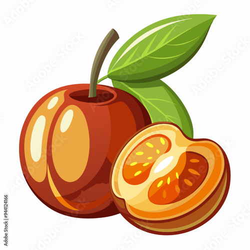 Whole and Sliced Orange Fruit with Green Leaves