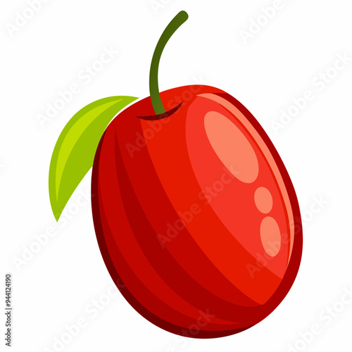 A Single Red Plum with a Green Leaf and Stem