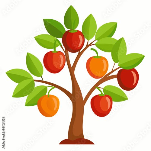 Tree with Five Red and Orange Fruits