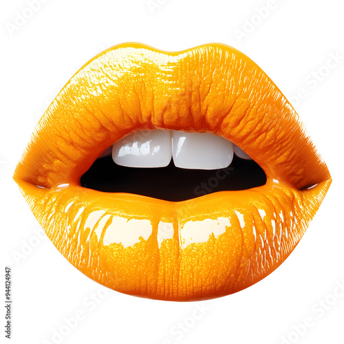 glossy orange lips. The design is vibrant and sleek, highlighting the bold and modern appeal of the lips.