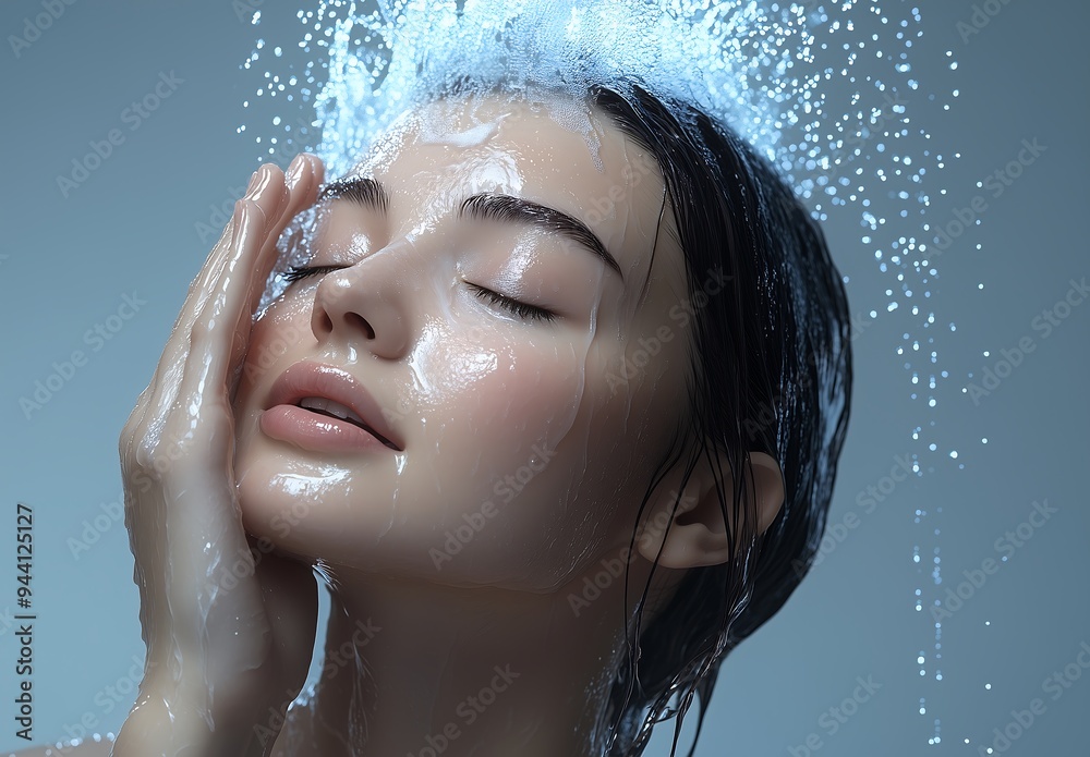 Woman Enjoying a Refreshing Shower with Eyes Closed Woman Enjoying a Refreshing Shower with Eyes Closed