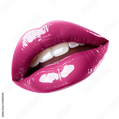 glossy dark pink lips, isolated on a white backdrop. The design is sleek and vibrant, highlighting the bold elegance of the lips.
