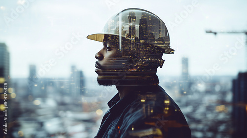 Profile of a Construction Worker with Cityscape Reflected in Helmet