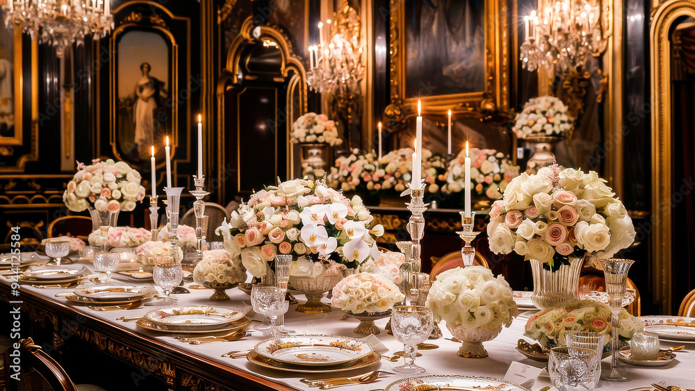 Luxurious dining table set for an elegant banquet with ornate decorations, flowers, chandeliers, and candles in a grand, opulent setting.