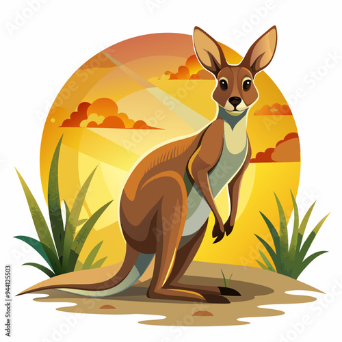 A Red Kangaroo Stands Against an Orange Sunset in a Field