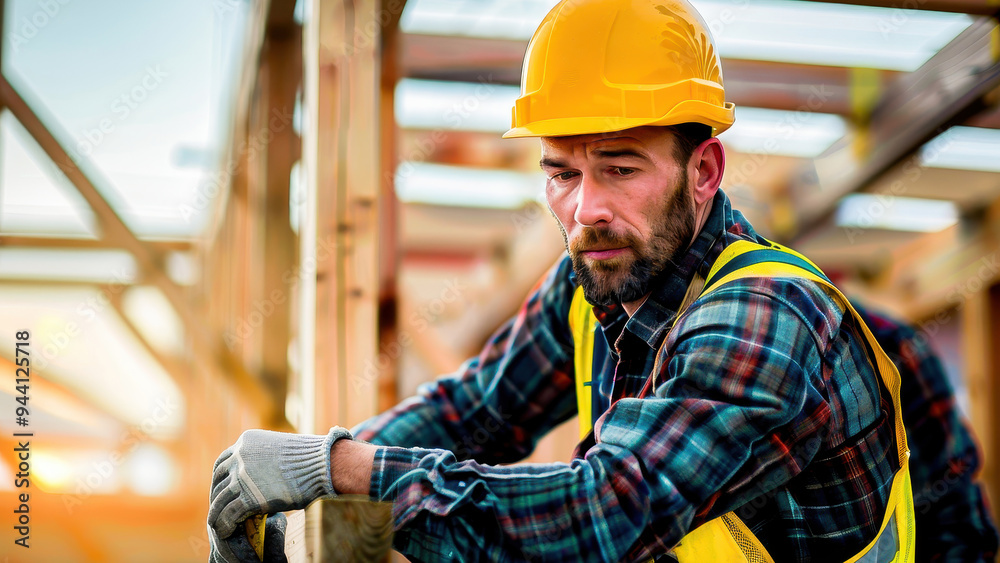 Construction worker wearing a helmet and safety gear, working at a building site with timber framing and construction tools. Construction worker wearing a helmet and safety gear, working at a building site with timber framing and construction tools.