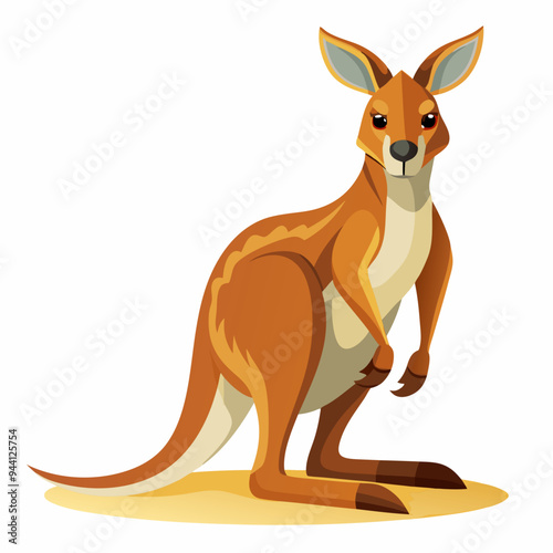 Cartoon illustration of a red kangaroo standing on a patch of sand