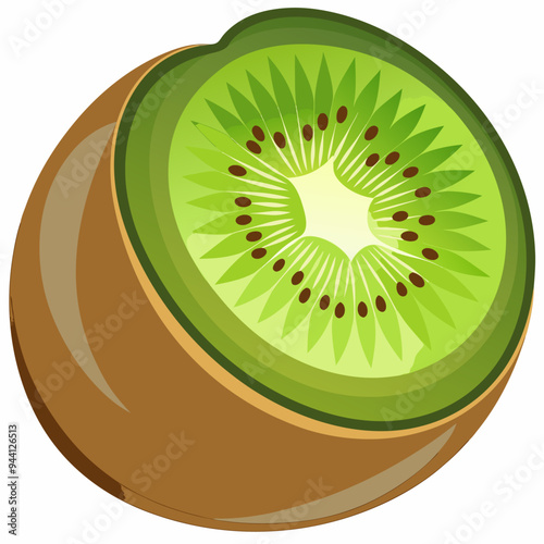 A Half-Cut Kiwi Fruit with Green Flesh and Brown Seeds