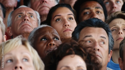 A varied group of men and women of different ages and backgrounds looks up, their expressions reflecting intrigue and wonder as they observe something above them in the daylight