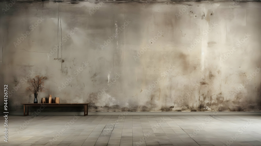 Rustic Concrete Wall Background with Wooden Bench and Dried Branches in Vases Rustic Concrete Wall Background with Wooden Bench and Dried Branches in Vases