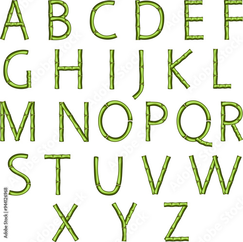 English alphabet from green branches.Vector illustration with green bamboo letters of the English alphabet on a transparent background.