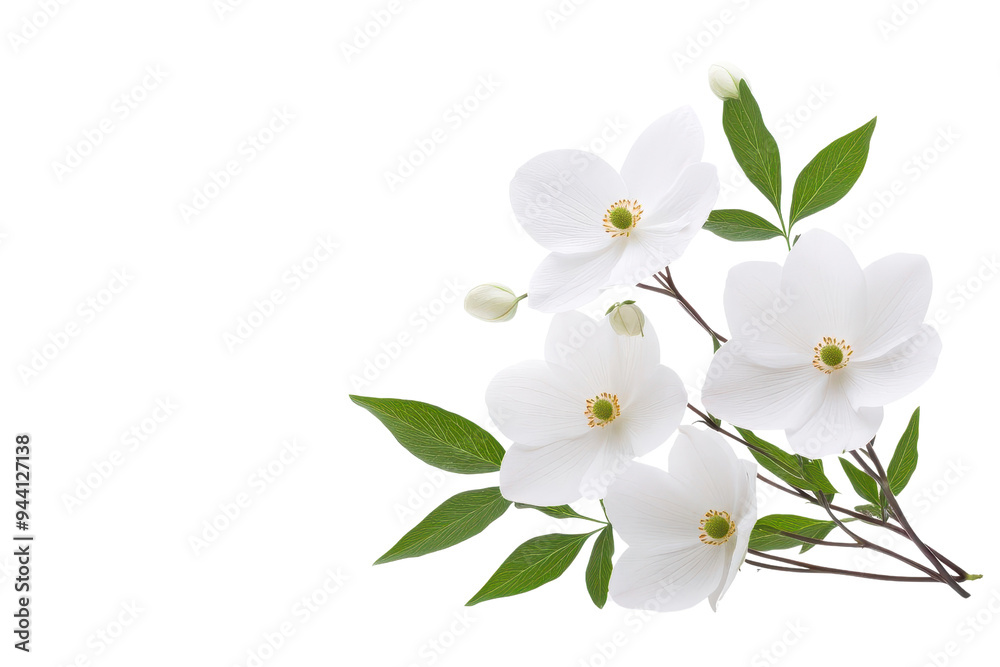 Fototapeta premium A beautiful bouquet of white flowers with vibrant green leaves, perfect for decoration or as a symbol of purity and elegance.