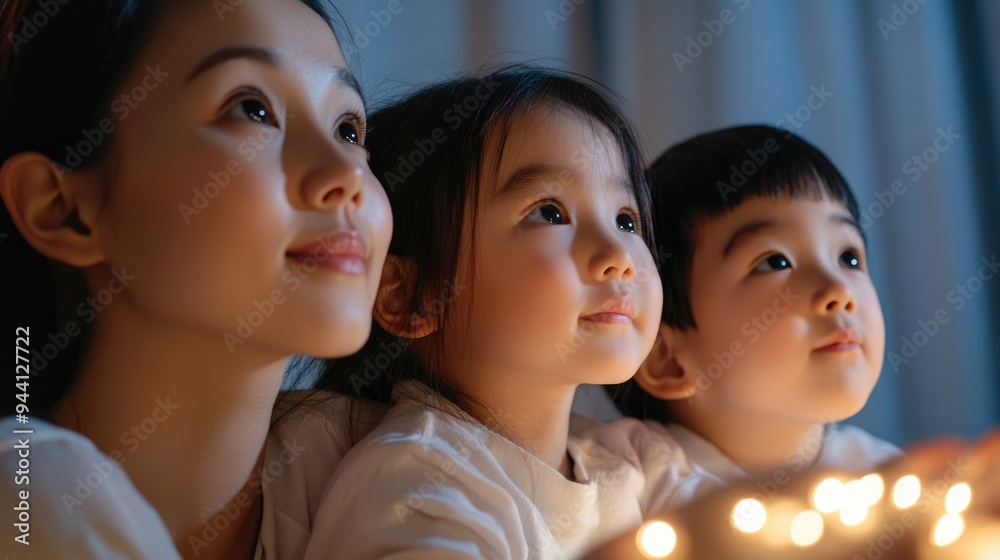 Asian family watching a movie together at home Asian family watching a movie together at home