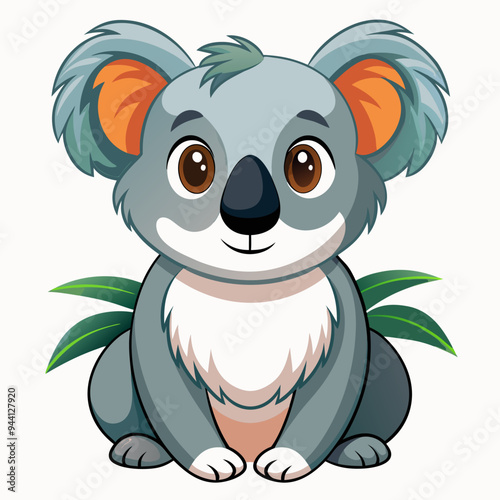 A Cartoon Koala Sitting with Green Leaves Behind It