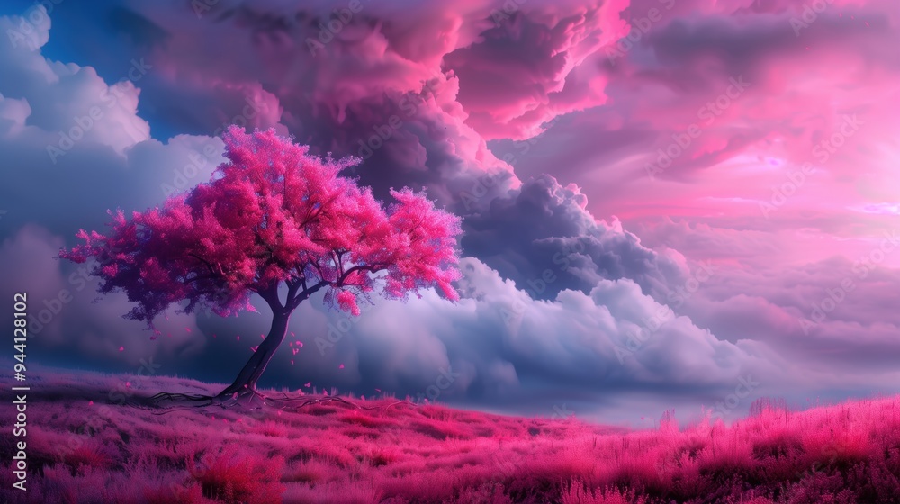 A pink tree rises gracefully in a lush landscape, surrounded by vivid grass and dramatic clouds, as golden sunlight creates a radiant atmosphere at dusk A pink tree rises gracefully in a lush landscape, surrounded by vivid grass and dramatic clouds, as golden sunlight creates a radiant atmosphere at dusk