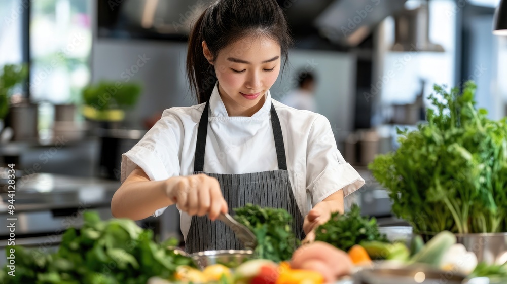Asian woman taking a cooking class in a professional kitchen Asian woman taking a cooking class in a professional kitchen