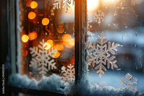 Christmas card close-up showing a frosty window with snowflakes and a warm light glowing from inside a cozy home  photo