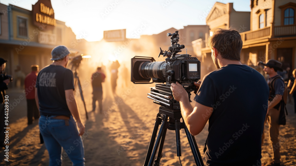 Filmmakers and crew members on a set with a large camera filming a scene in a western-style town. Filmmakers and crew members on a set with a large camera filming a scene in a western-style town.