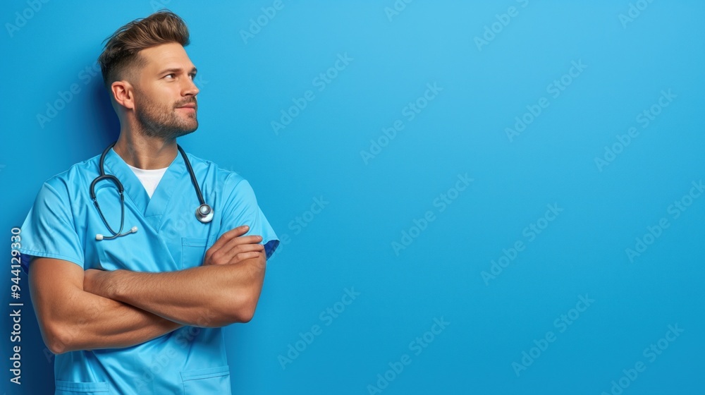 A young male healthcare professional stands confidently with crossed arms, wearing blue scrubs and a stethoscope, in front of a vibrant blue wall A young male healthcare professional stands confidently with crossed arms, wearing blue scrubs and a stethoscope, in front of a vibrant blue wall