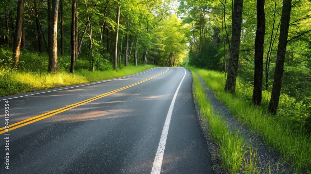 A serene road curves gently through a vibrant green forest, bathed in warm sunlight, inviting exploration and adventure on a clear summer day A serene road curves gently through a vibrant green forest, bathed in warm sunlight, inviting exploration and adventure on a clear summer day