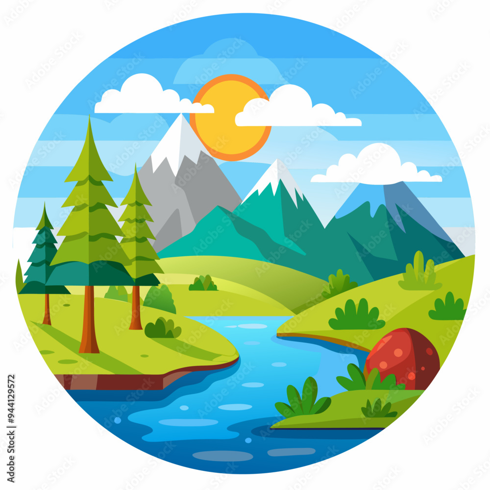 Obraz premium A Cartoon Mountain Landscape with a River Winding Through a Green Valley