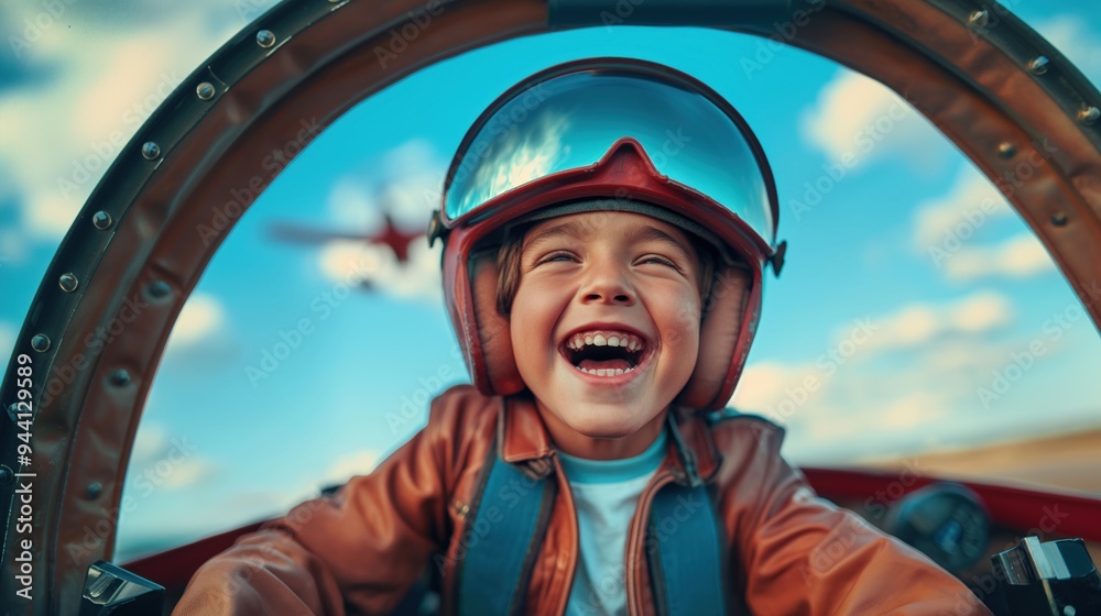 A young child, dressed in a pilot outfit, beams with happiness while seated in a small airplane, enjoying the excitement of flying against a clear blue sky A young child, dressed in a pilot outfit, beams with happiness while seated in a small airplane, enjoying the excitement of flying against a clear blue sky