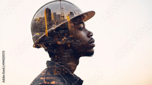 Side profile of a construction worker in a hard hat with a cityscape double exposure effect