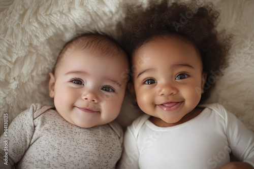 Two cute mix-race Caucasian black African newborn babies awake smiling close-up