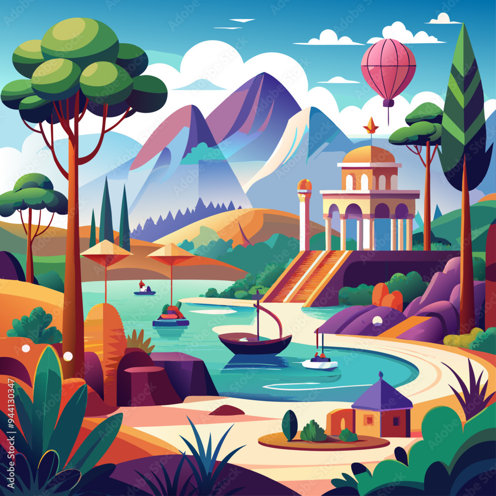 Fototapeta premium Idyllic Lake Scene with Mountain and Hot Air Balloon in the Background