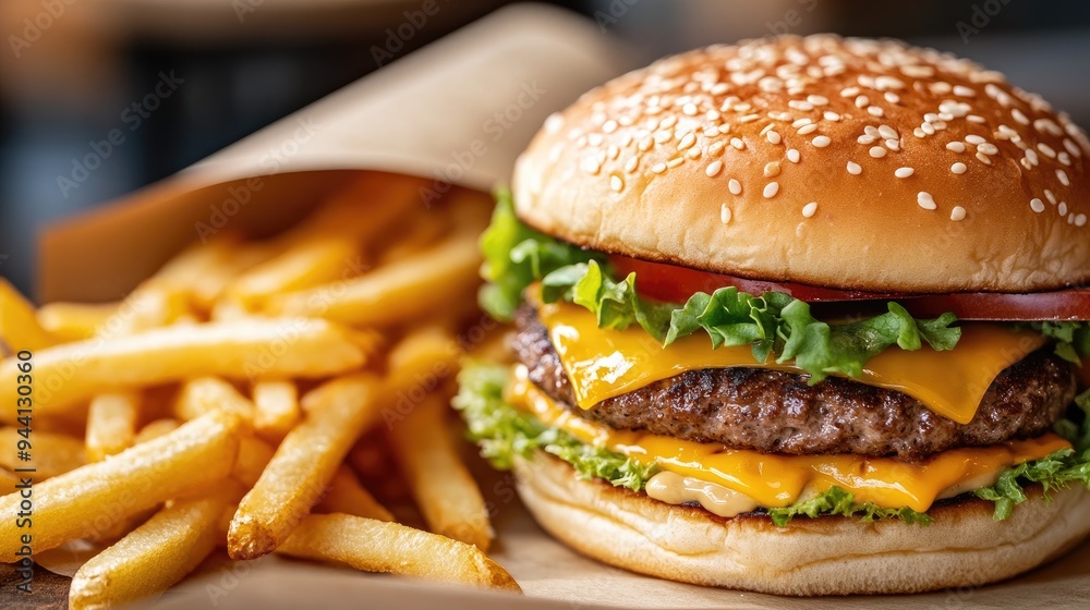 Close-up of a burger with all the fixings served with fries