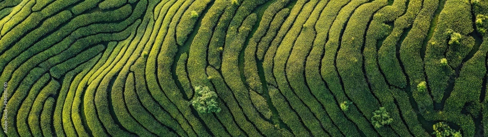 Aerial drone view of shapes of Cha Gorreana tea plantation at Sao Miguel, Azores, Portugal Aerial drone view of shapes of Cha Gorreana tea plantation at Sao Miguel, Azores, Portugal