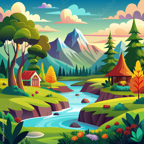 Serene Mountain Landscape with River, Houses, and Lush Greenery