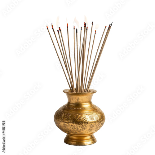 A detailed brass vase stands tall, filled with various incense sticks, conveying a serene and aromatic ambiance perfect for relaxation. Transparent background PNG