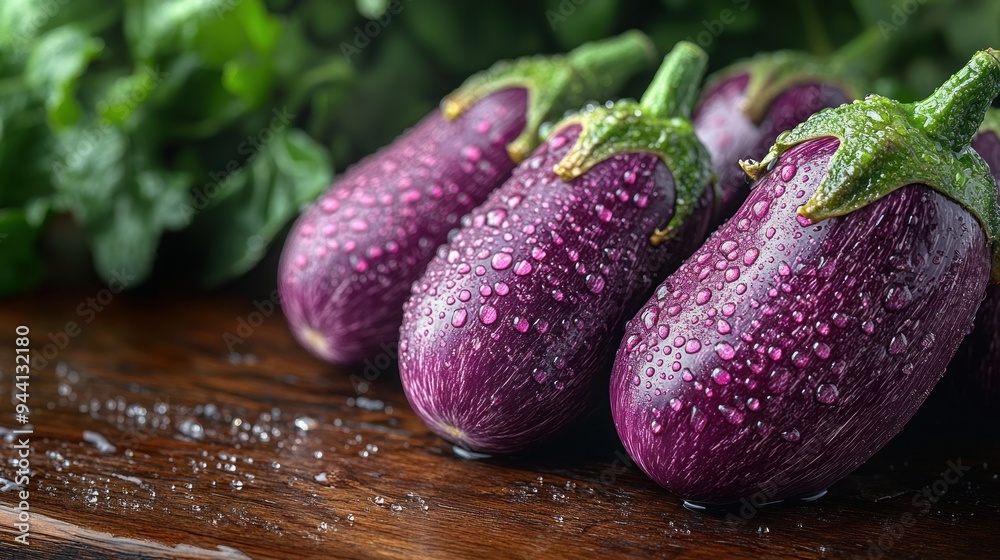 Fresh Eggplants with Water Droplets on Wooden Table Fresh Eggplants with Water Droplets on Wooden Table