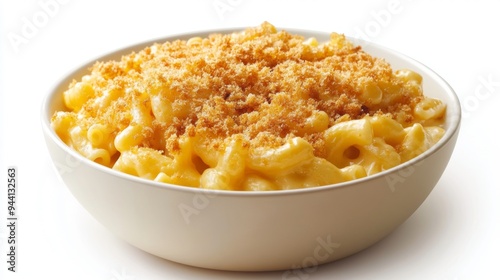 A bowl of creamy macaroni and cheese with a golden breadcrumb topping, set on a white background, highlighting its comforting appeal.