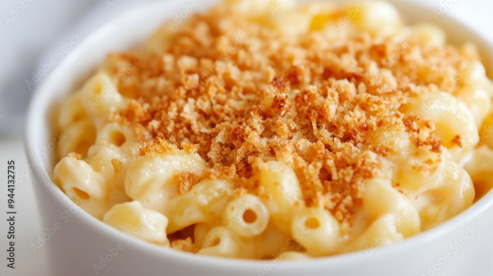 A bowl of creamy macaroni and cheese with a golden breadcrumb topping, set on a white background, highlighting its comforting appeal.